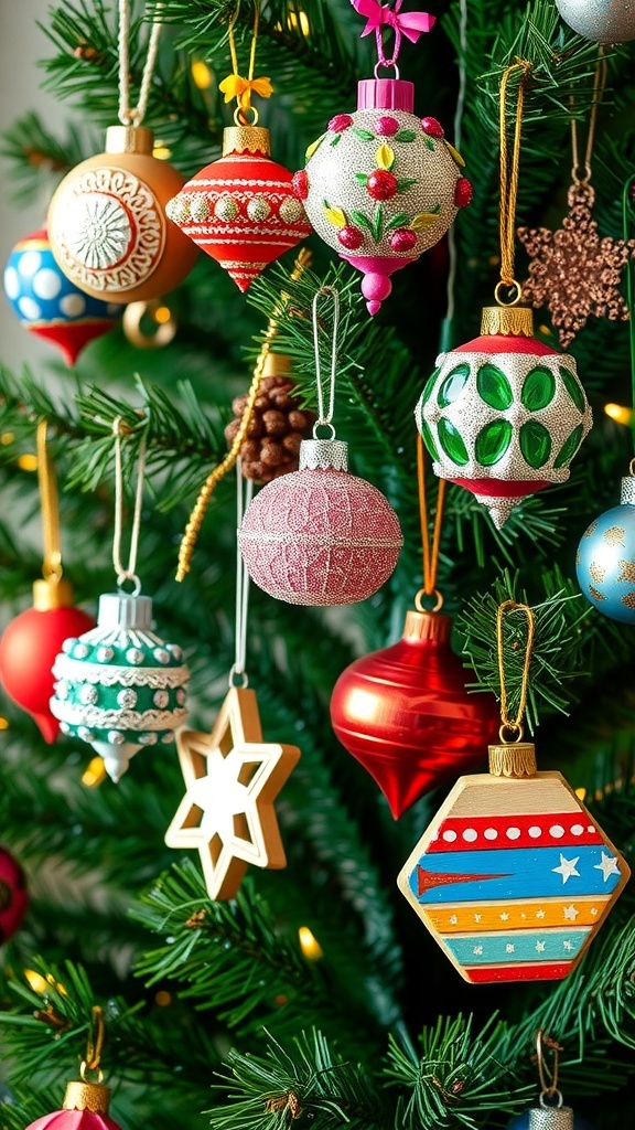 A collection of vibrant 90s-inspired Christmas ornaments on a decorated tree.